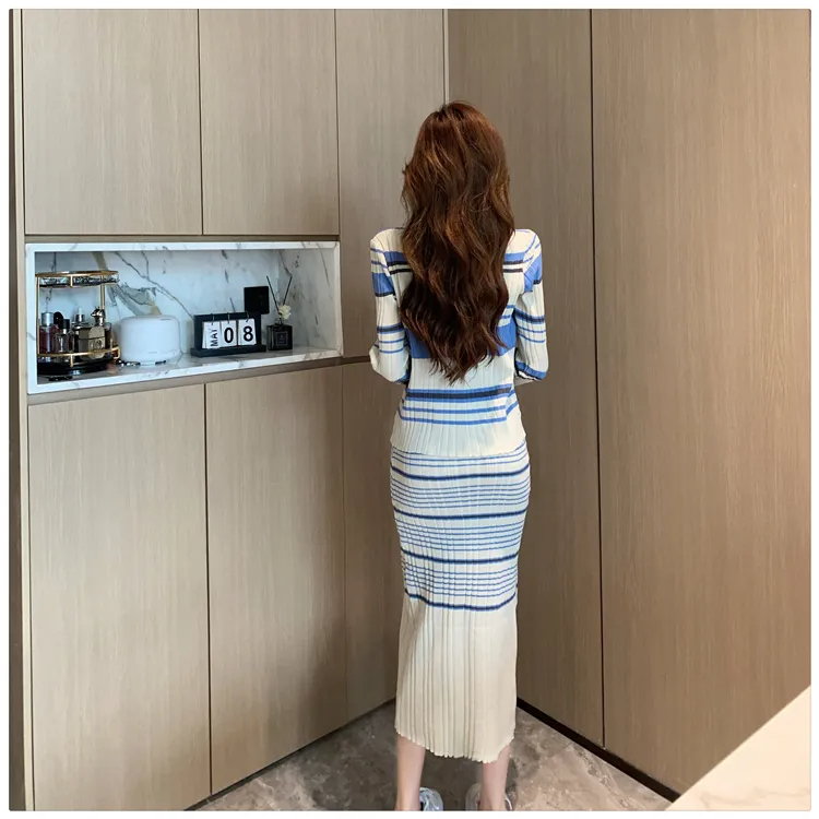 Two Piece Dress New Autumn Winter Stripe Knitted Cardigan Spaghetti Strap Dress Two Piece Set For Women Temperament Small Fragrance Style Sets 2024