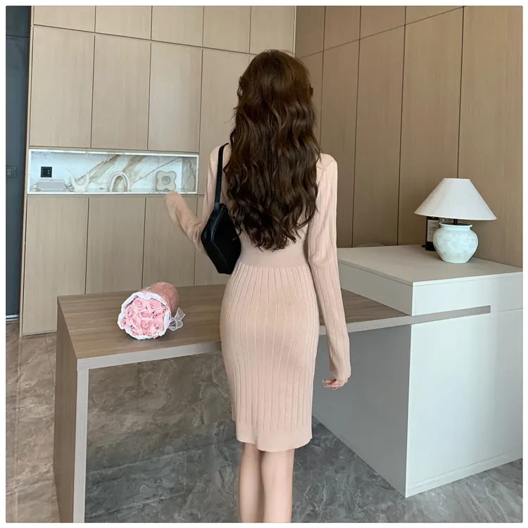 Basic Casual Dresses Women New Autumn/Winter Knitted Dress French Vintage Small Fragrance Style Celebrity Temperament Sweater Dresses Vestidos 2024