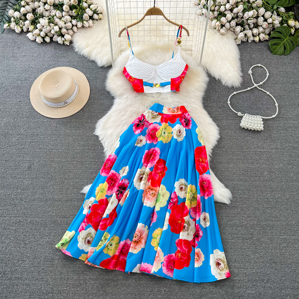 Two Piece Dress A Line Summer Holiday Runway 2 Pieces Set Women's Spaghetti Strap Padded Cup Back Zipper Flower Print Short Tops Long Skirt Suit 