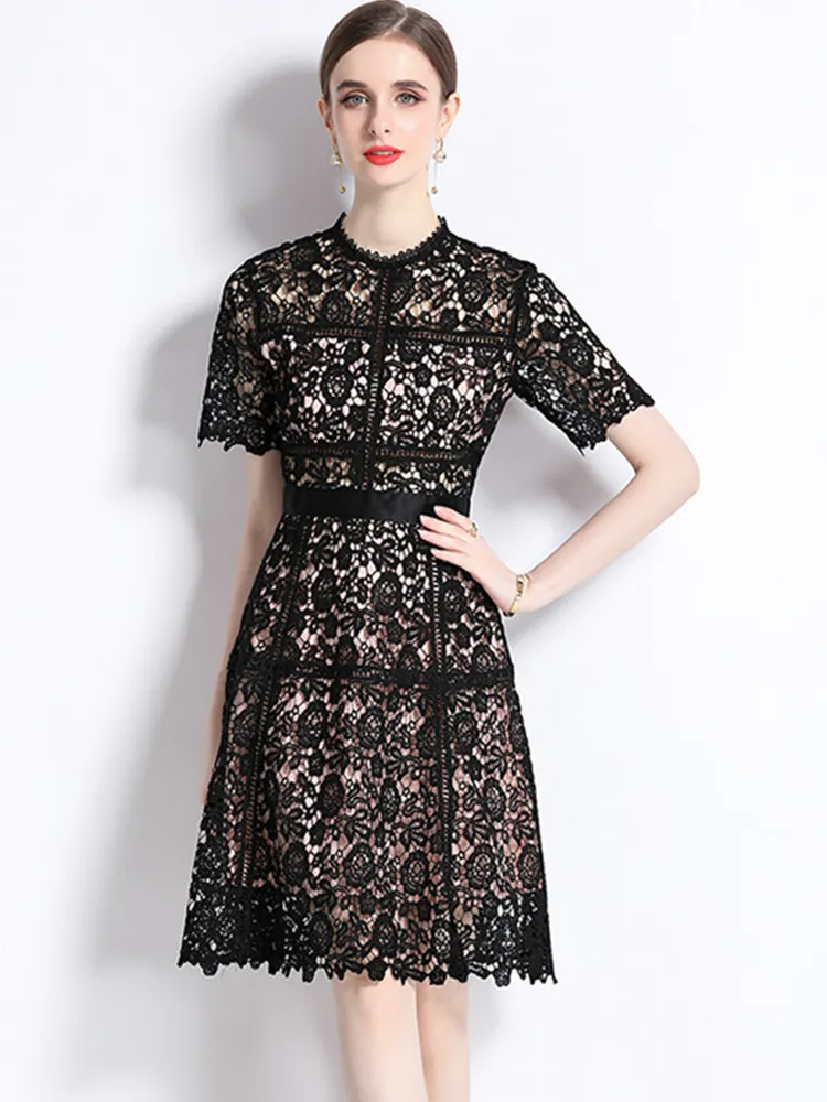 Women New Fashion Summer Lace Hollow Out Dress Ladies Short Sleeve O-Neck Streetwear Dresses Vestidos Female Clothing 2025
