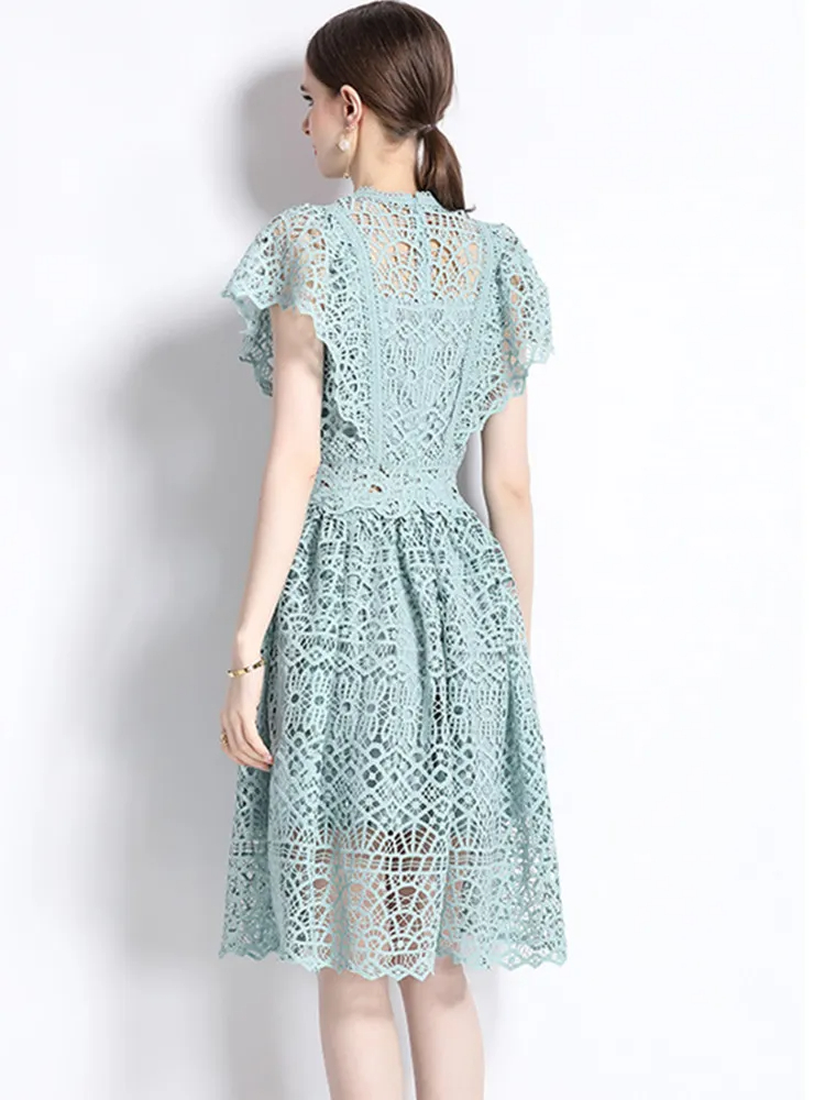 Basic Casual Dresses Celebrity High Quality Lace Hollow Out Summer Dress Womens Flower Embroidery Design O-Neck Temperament Dress Vestidos 2024
