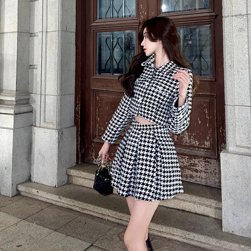 Two Piece Dress Women Two-Piece Set Vintage Office Lady Single Breasted Tweed Short Jacket Female Slim High Waist Shorts Houndstooth Skirt Suit 2024