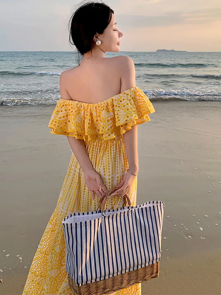 Basic Casual Dresses French Embroidery Hollow Out Elegant Summer Dress For Women Sexy Slash Neck Short Sleeve High Waist Midi Dresses Female Clothing 