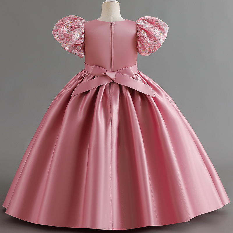 Pink Pearls Flower Girl Dresses Jewel Neck Ball Lace Appliques Beads With Bow Kids Girls Pageant Satin Birthday Gowns Tail Dress Bridesmaid Gown 403