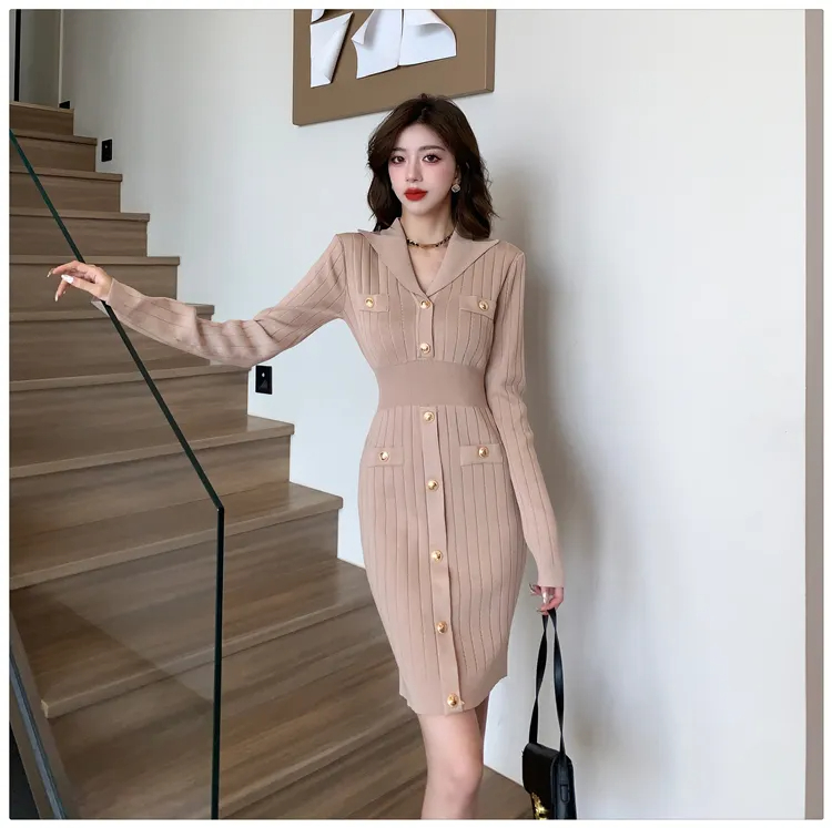 Basic Casual Dresses Women New Autumn/Winter Knitted Dress French Vintage Small Fragrance Style Celebrity Temperament Sweater Dresses Vestidos 2024