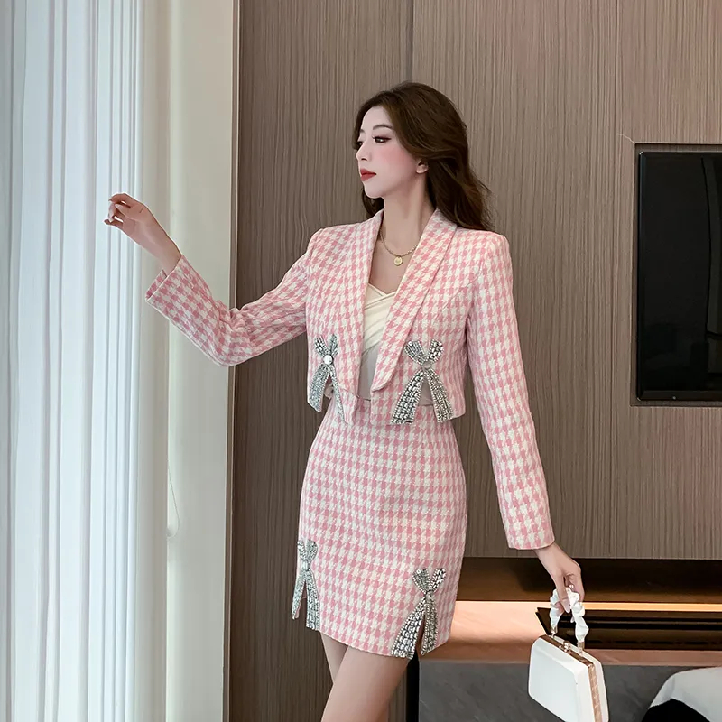 Two Piece Dress High Quality Autumn Winter Diamond Bow Houndstooth Woolen Short Jacket Coat Two Piece Set Women A-Lin Skirt Suits 2024