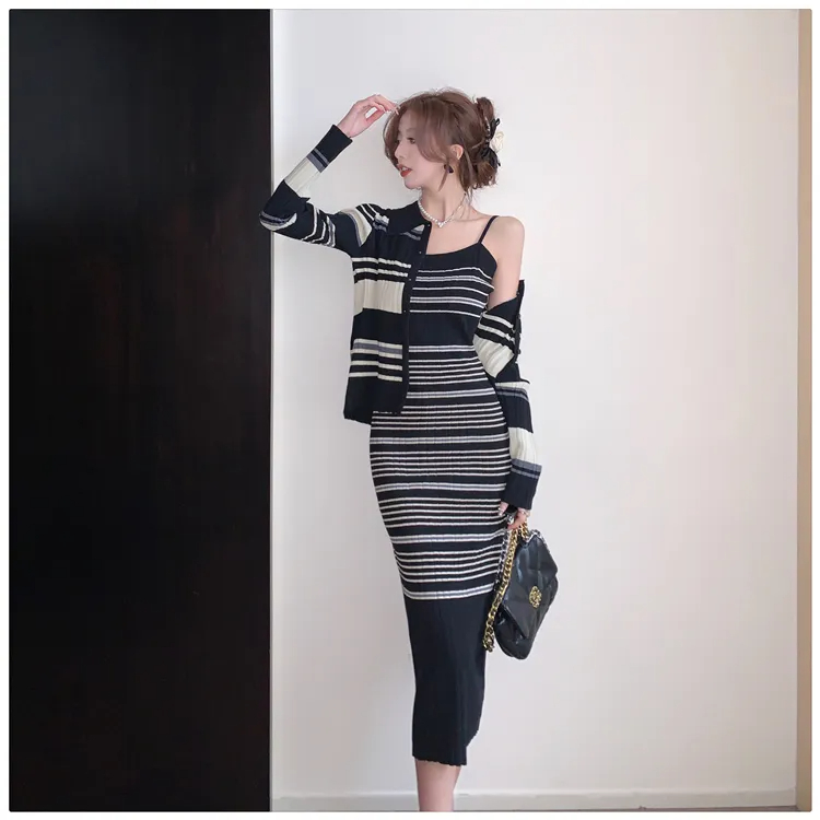 Two Piece Dress New Autumn Winter Stripe Knitted Cardigan Spaghetti Strap Dress Two Piece Set For Women Temperament Small Fragrance Style Sets 2024