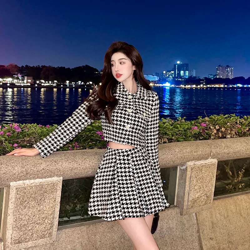 Two Piece Dress Women Two-Piece Set Vintage Office Lady Single Breasted Tweed Short Jacket Female Slim High Waist Shorts Houndstooth Skirt Suit 2024