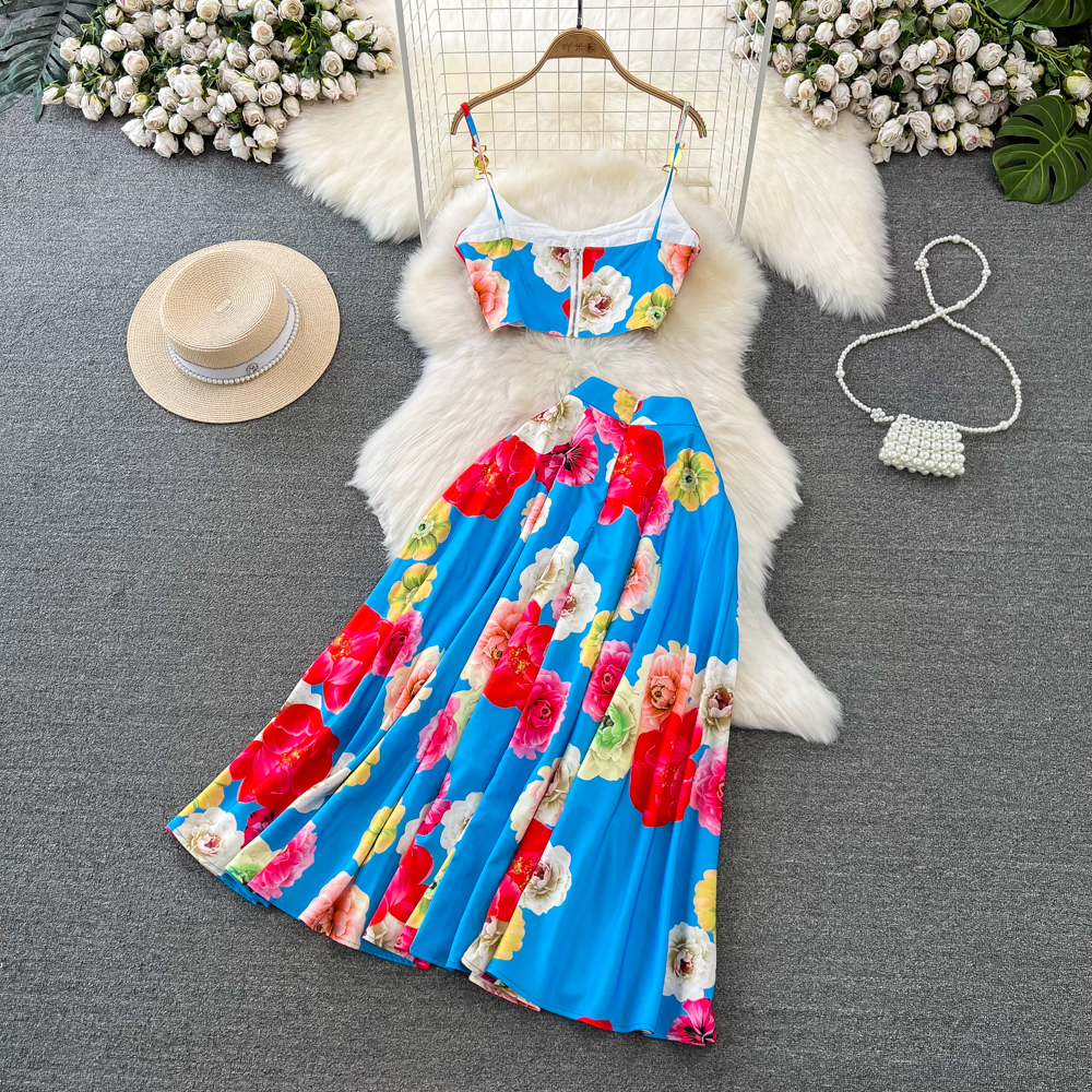 Two Piece Dress A Line Summer Holiday Runway 2 Pieces Set Women's Spaghetti Strap Padded Cup Back Zipper Flower Print Short Tops Long Skirt Suit 
