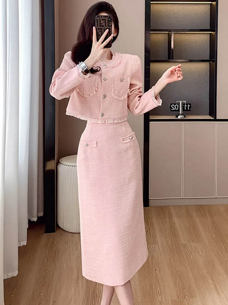 Two Piece Dress High-End New Autumn Winter French Small Fragrance Style Tweed Two Piece Set Women Luxury Pink Woolen Long Skirt Sets
