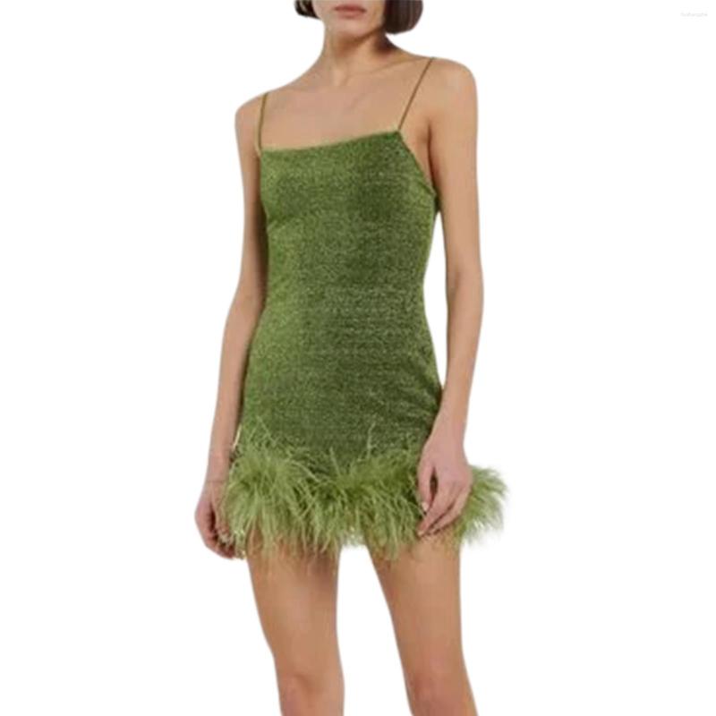 Casual Dresses Women S Y2K Shiny Bodycon Dress Sexy Sleeveless Spaghetti Strap Feather Trim Solid Color Mini Party Clubwear Short