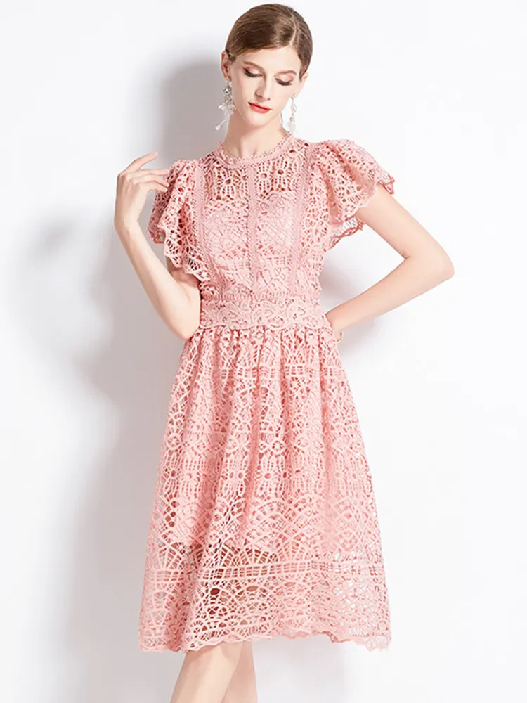Basic Casual Dresses Celebrity High Quality Lace Hollow Out Summer Dress Womens Flower Embroidery Design O-Neck Temperament Dress Vestidos 2024