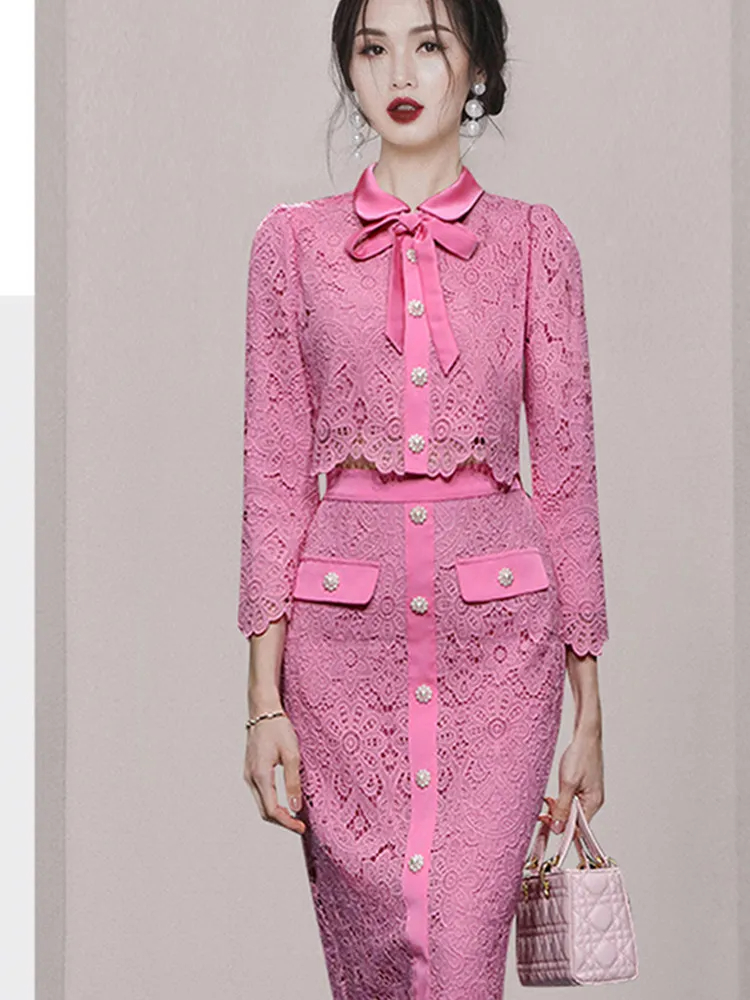 Two Piece Dress Elegant Hollow Out 2 Pieces Set Women Long Sleeve Bow Lace Tops + High Waist Slim A Line Skirts Casual Office Skirt Suit