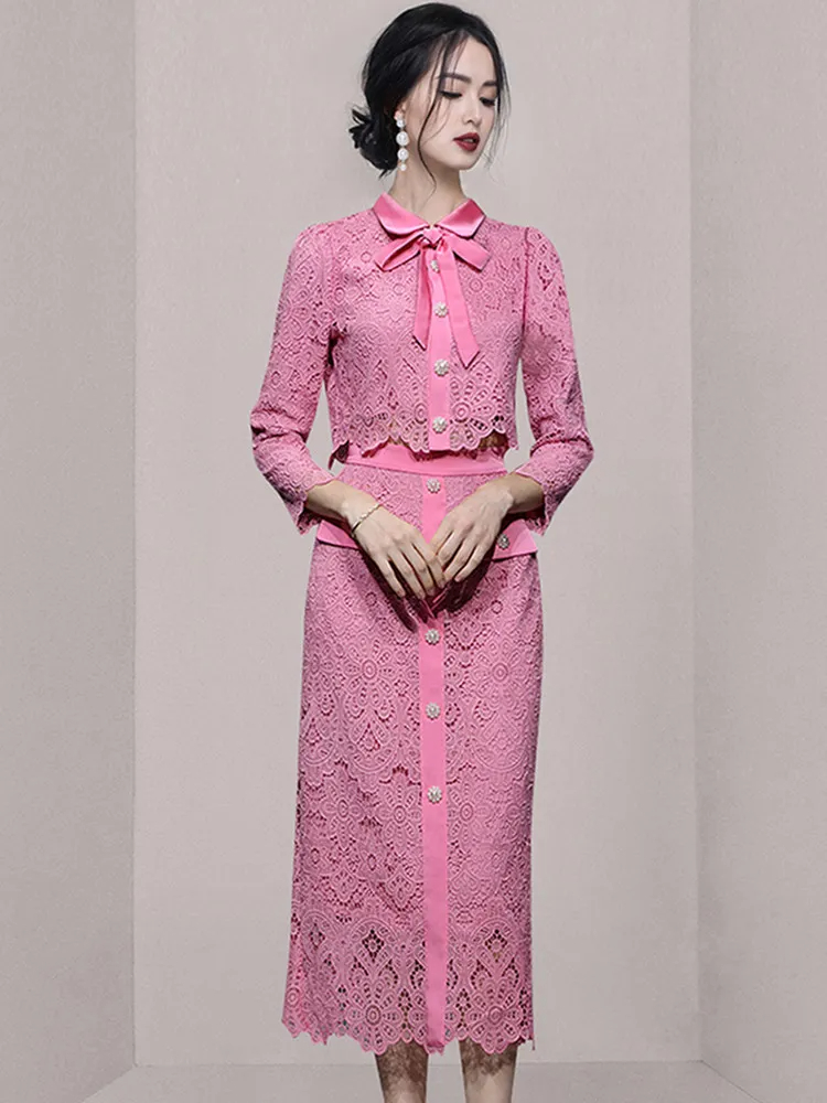 Two Piece Dress Elegant Hollow Out 2 Pieces Set Women Long Sleeve Bow Lace Tops + High Waist Slim A Line Skirts Casual Office Skirt Suit