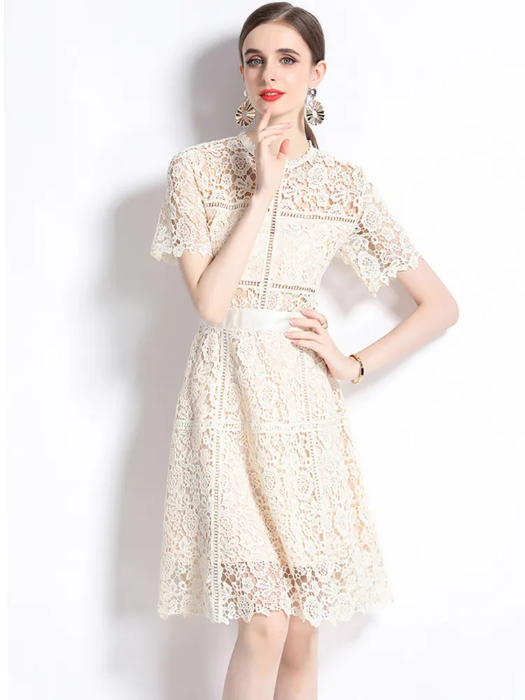 Women New Fashion Summer Lace Hollow Out Dress Ladies Short Sleeve O-Neck Streetwear Dresses Vestidos Female Clothing 2025