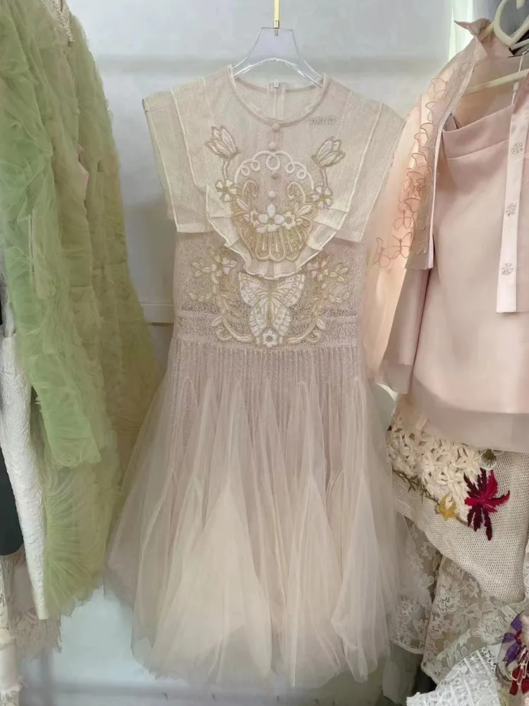 Basic Casual Dresses High-Quality Design Hollow Out Embroidery Mesh Patchwork Dress Women Flower Runway Dresses Female Clothing