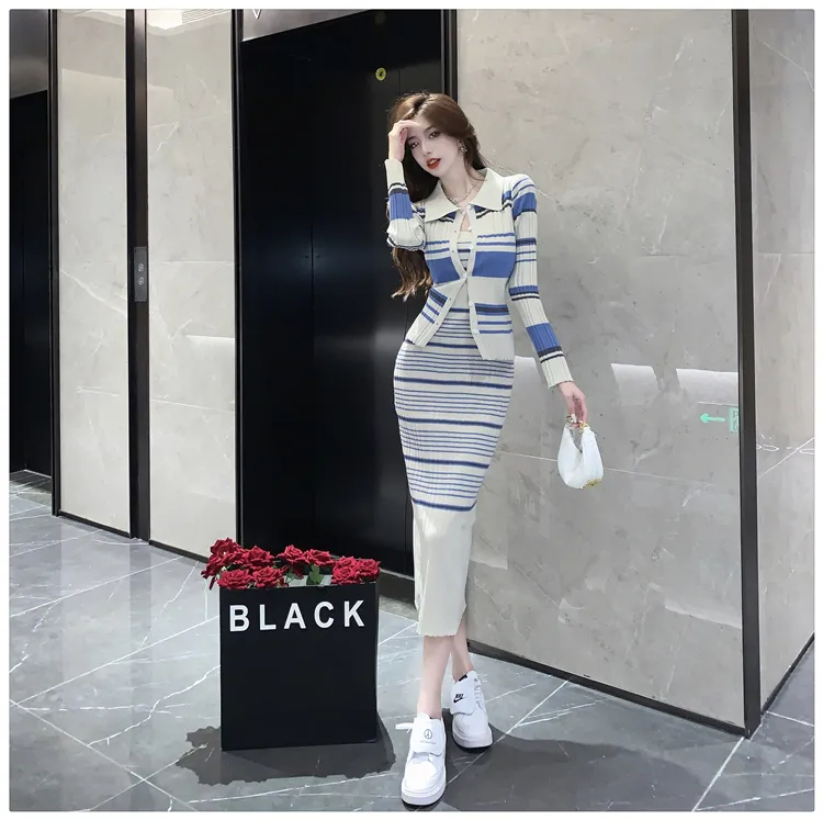 Two Piece Dress New Autumn Winter Stripe Knitted Cardigan Spaghetti Strap Dress Two Piece Set For Women Temperament Small Fragrance Style Sets 2024