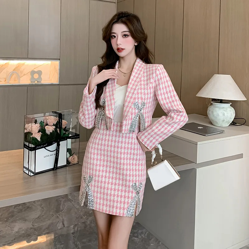 Two Piece Dress High Quality Autumn Winter Diamond Bow Houndstooth Woolen Short Jacket Coat Two Piece Set Women A-Lin Skirt Suits 2024