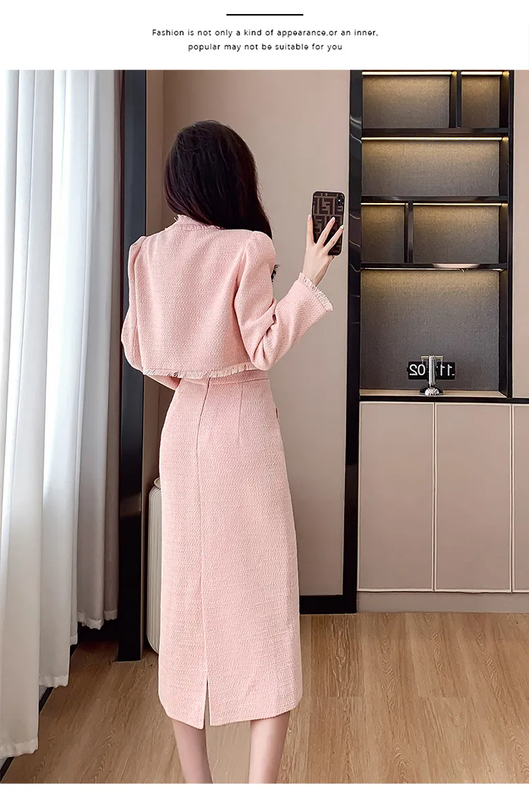 Two Piece Dress High-End New Autumn Winter French Small Fragrance Style Tweed Two Piece Set Women Luxury Pink Woolen Long Skirt Sets