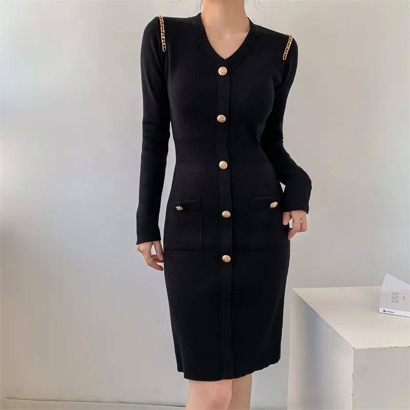 Basic Casual Dresses New Autumn Winter Knitted Dress For Women Slim Small Fragrant Style Celebrity Sexy V-Neck Temperament Black Long Sleeved Dresses 