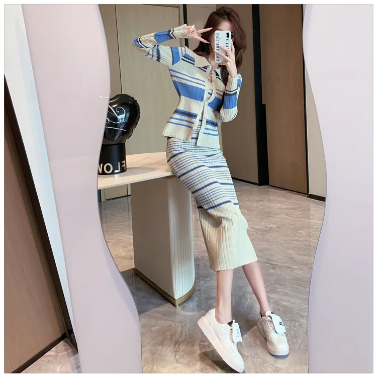 Two Piece Dress New Autumn Winter Stripe Knitted Cardigan Spaghetti Strap Dress Two Piece Set For Women Temperament Small Fragrance Style Sets 2024