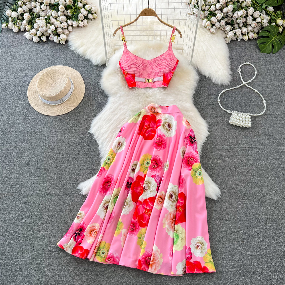 Two Piece Dress A Line Summer Holiday Runway 2 Pieces Set Women's Spaghetti Strap Padded Cup Back Zipper Flower Print Short Tops Long Skirt Suit 