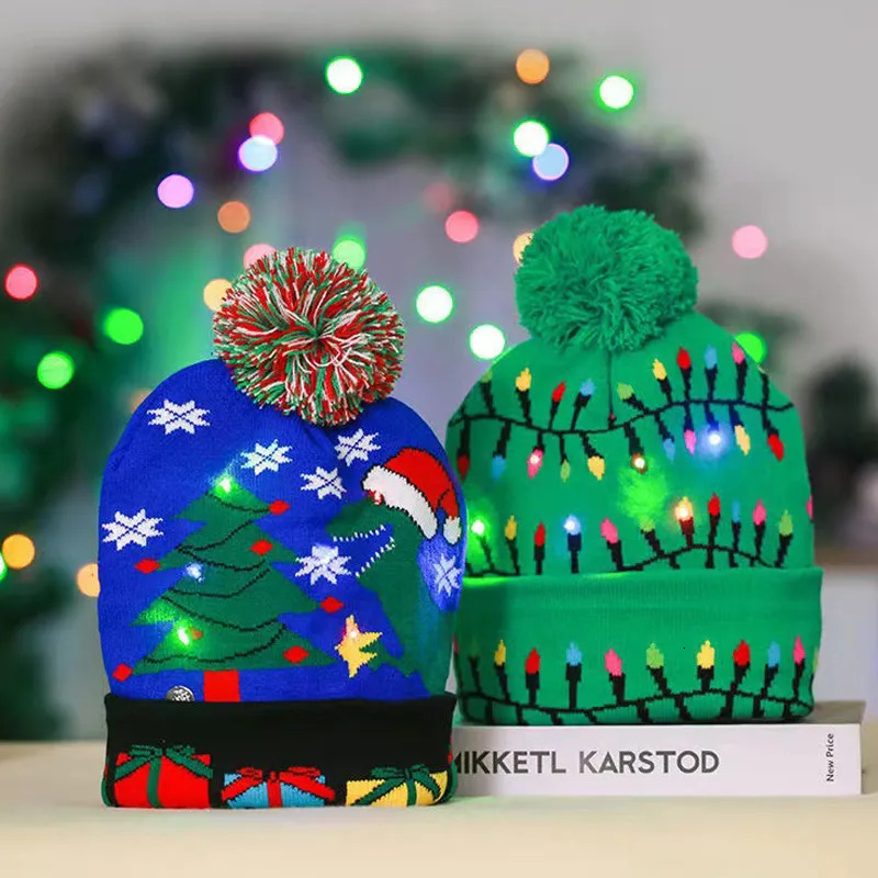 Beanie Skull Caps LED Knitted Christmas Beanies Hat with A Flash Light Up Sweater Santa Elk Patteren Cap Gift for Adult Kids Year Holiday Xmas 231005