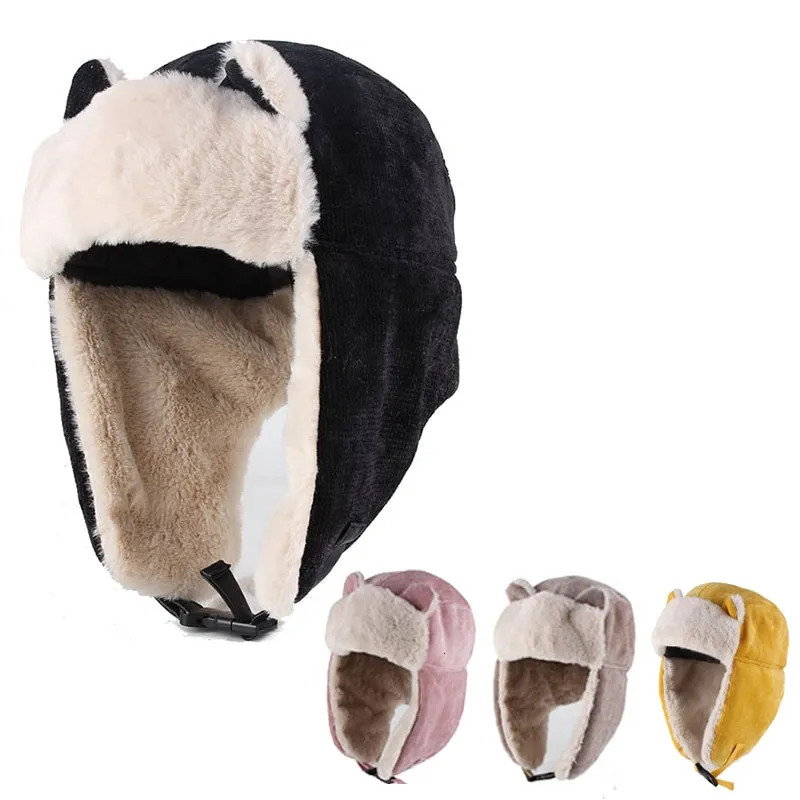 Beanie Skull Cap Warm Earmuffs Thicken Ear Flapped Hat Winter Cold Proof Cotton Cat Ears Cap Russian 231005