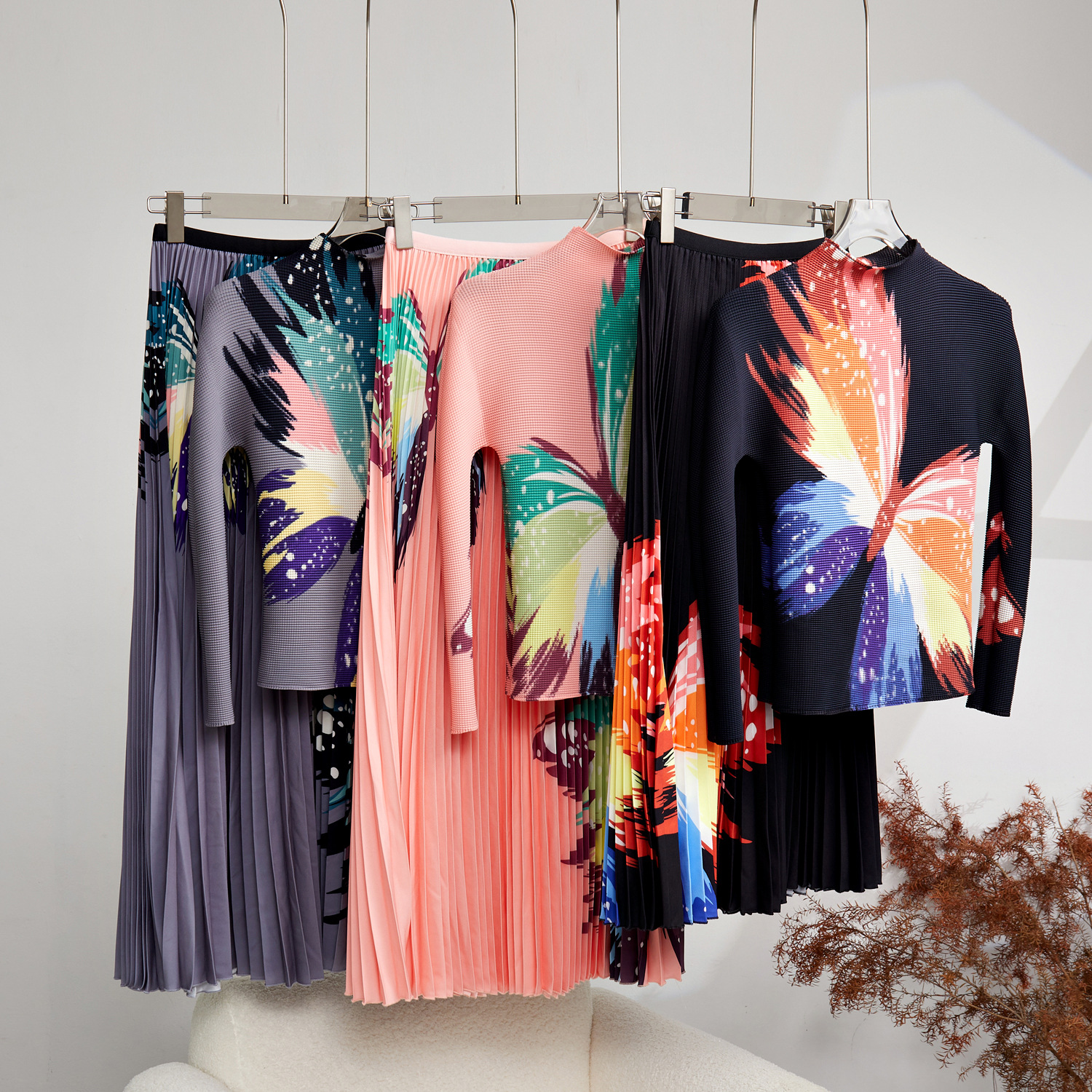 Two Piece Dress Runway Designer Printed 2 Pieces Skirt Set Women's Turtleneck Long Sleeves Slim Tops High Waist Skirts Suit Female Clothes 2024