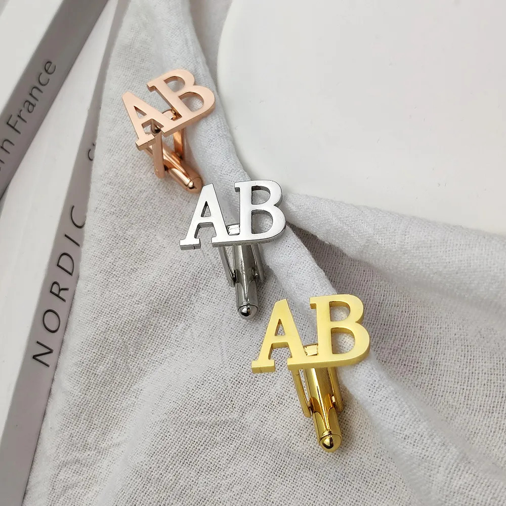 Jewelry Pouches Bags Customized Cufflinks for Men Personalized Name Letter Stainless Steel Shirt Cuff Button Gifts Gemelos Para Hombre Camisa 231005