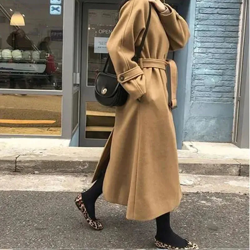 Womens Wool Blends Winter Korean Women Faux Woolen Coats Fashion Elegant Solid Belt Thickening Long Jacket Female Loose All Match Outwear 230928