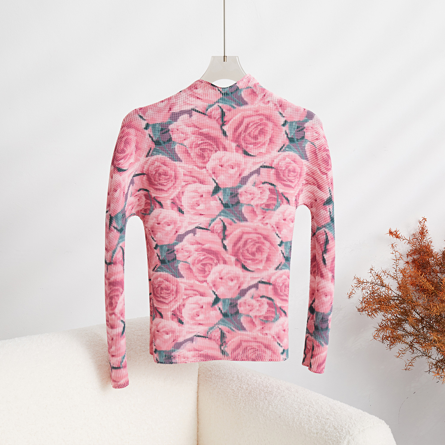 Two Piece Dress Autumn Pleated New Corn Fold Pink Flower Print Long Sleeve T-Shirt Fashion A-Line Pleated Skirt Set Two Pieces Suit 2024
