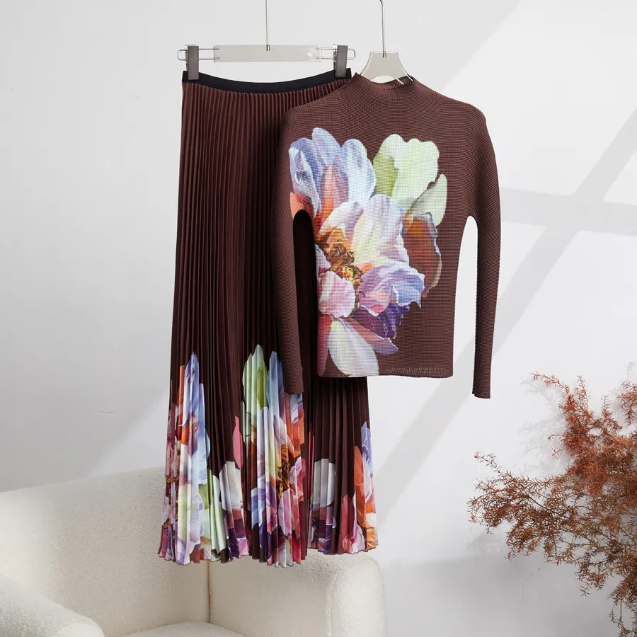 Two Piece Pleated 2 Pieces Fashion Printing Slim Fit Long Sleeve Tops High Elastic Waist A-E Midi Dress Autumn 2025