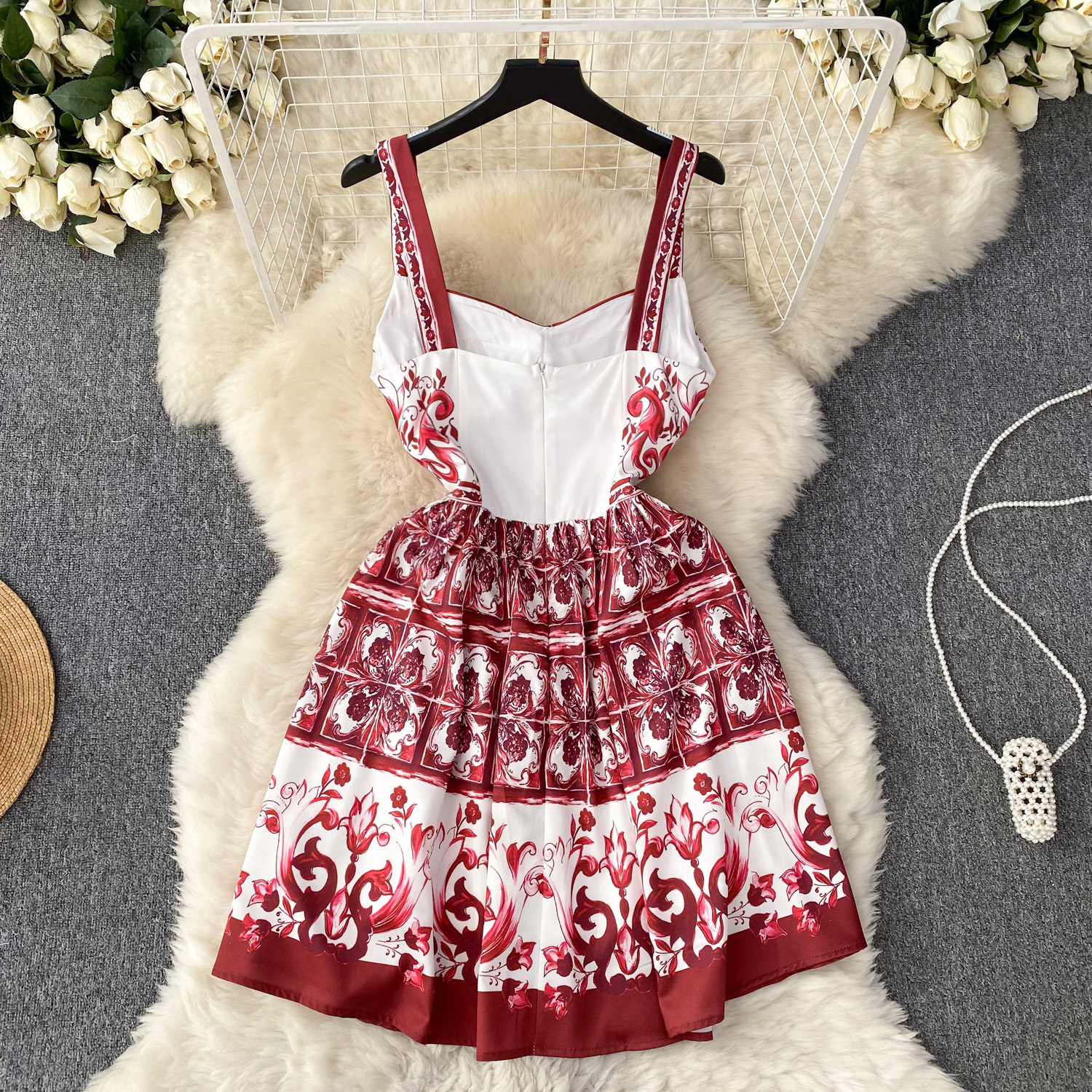 dress basic casual dresses summer holiday porcelain print short dress women vneck spaghetti strap cup padded zipper back mini vestidos designer dress