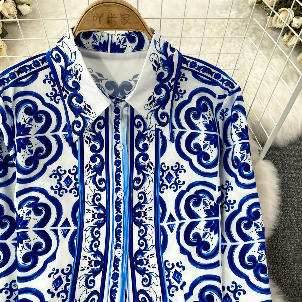 Two Piece Dress Spring Autumn Runway Blue And White Porcelain Print 2 Piece Sets Women Fashion Luxury Print Shirt Top Pleated Mini Skirt Suit 2024