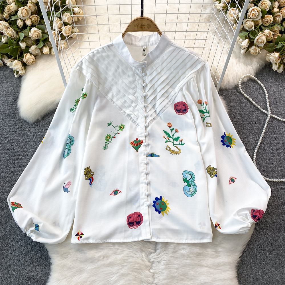 Two Piece Dress Autumn Runway Fashion Shorts Suit Women Stand Collar Puff Sleeve Floral Print Blouse Shirts Vintage Shorts 2 Pieces Set 2024