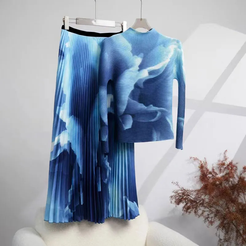 Two Piece Dress Pleated Suit for Women Autumn Gradient Printing Long Sleeve High Neck Top + High Waist Midi Skirt Two Pieces Set 2024