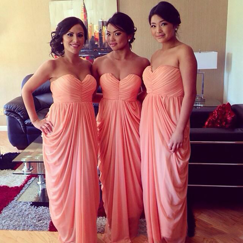 2023 Pink Coral Colour Bridesmaid Dresses Sweetheart Chiffon Ruffles Exquisite bridesmaids Formal Party Gowns Long Cheap Blush Dress