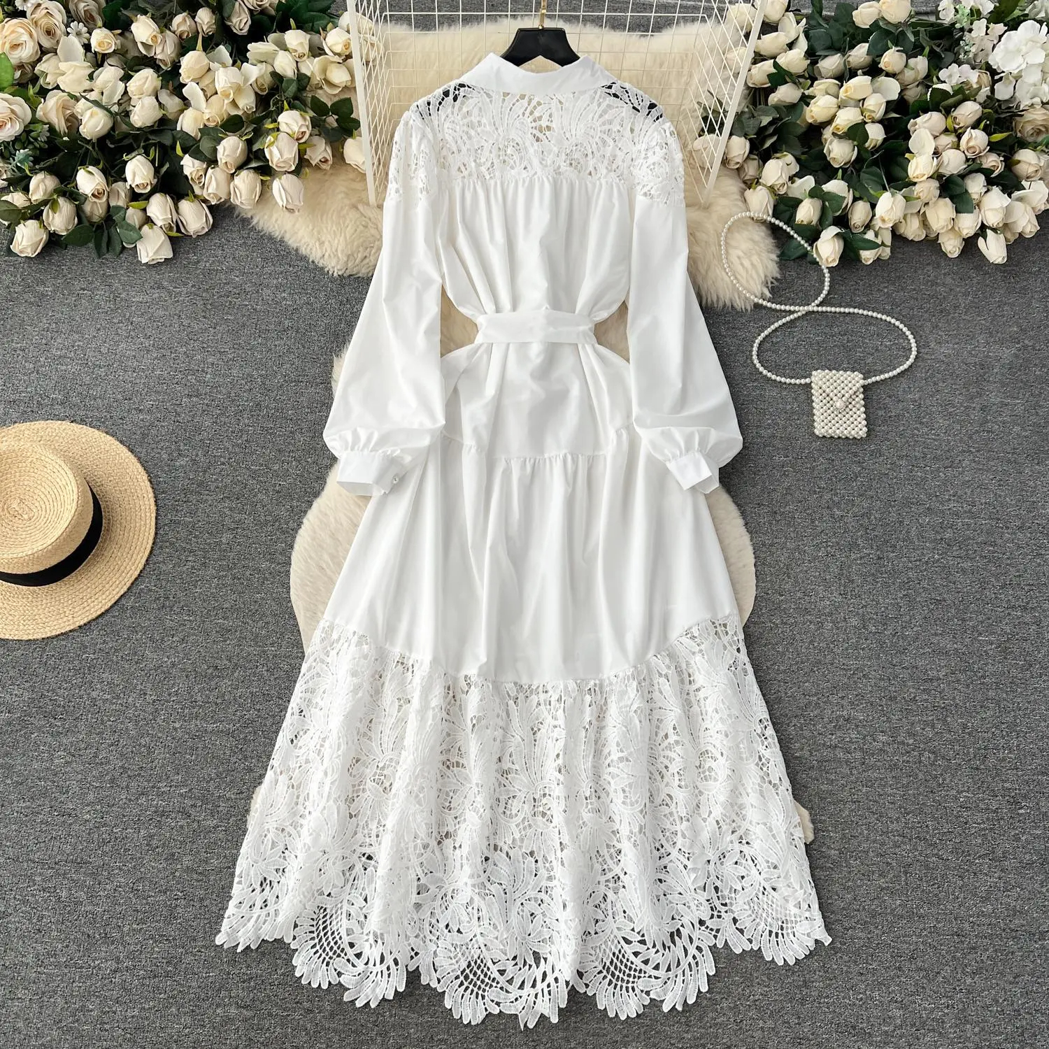 Basic Casual Dresses Runway Fashion Long Lace Dress Women Lapel Long Sleeve Embroidery Hollow Out Loose Belt Party Evening Dress Ladies Quality