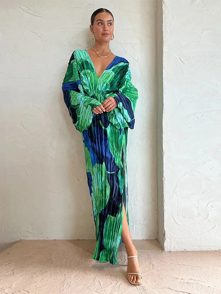 Basic Casual Dresses Elegant V neck Print Long Sleeve Dress For Women Patchwork Split Maxi 2023 Summer Autumn Chic Vacation Holiday Vestidos 231005