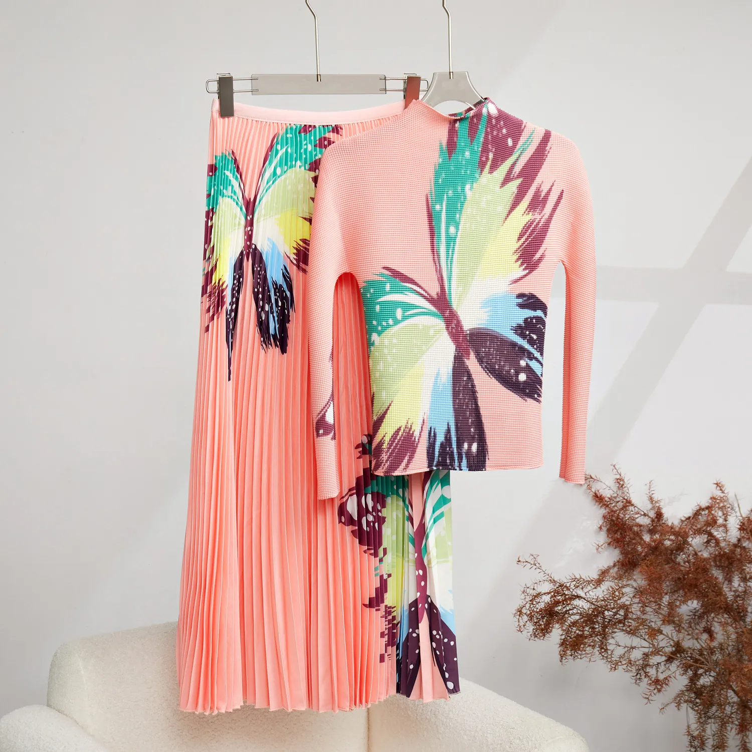 Two Piece Dress Runway Designer Printed 2 Pieces Skirt Set Women's Turtleneck Long Sleeves Slim Tops High Waist Skirts Suit Female Clothes 2024