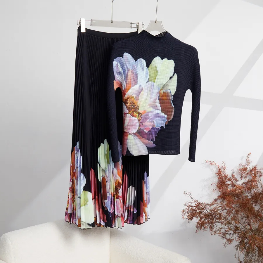 Two Piece Pleated 2 Pieces Fashion Printing Slim Fit Long Sleeve Tops High Elastic Waist A-E Midi Dress Autumn 2025