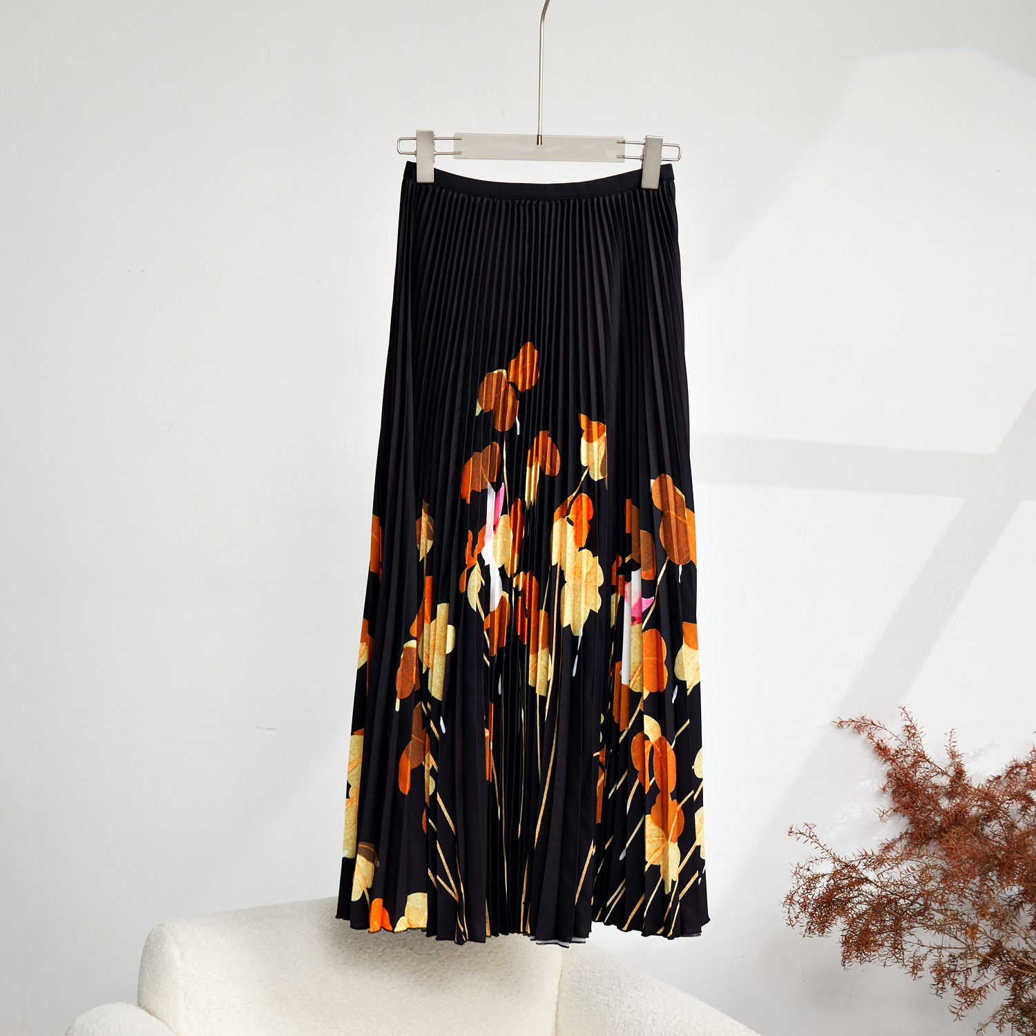 Two Piece Dress Elegant Fashion Printed Pleated 2 Pieces Set For Women Turtleneck Strethy Slim Tops With Elastic High Waist Mid Length Skirts 2024