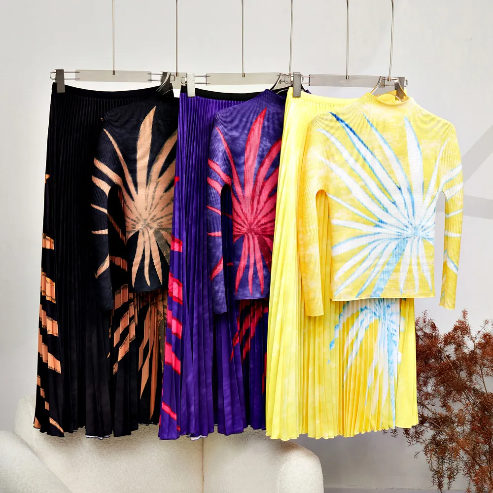 Two Piece Dress 2 Piece Sets Women Outfits Autumn Stretch Slimming Miyake Pleated Long Sleeve Vintage Printed Tops Long Skirt Suits 2024