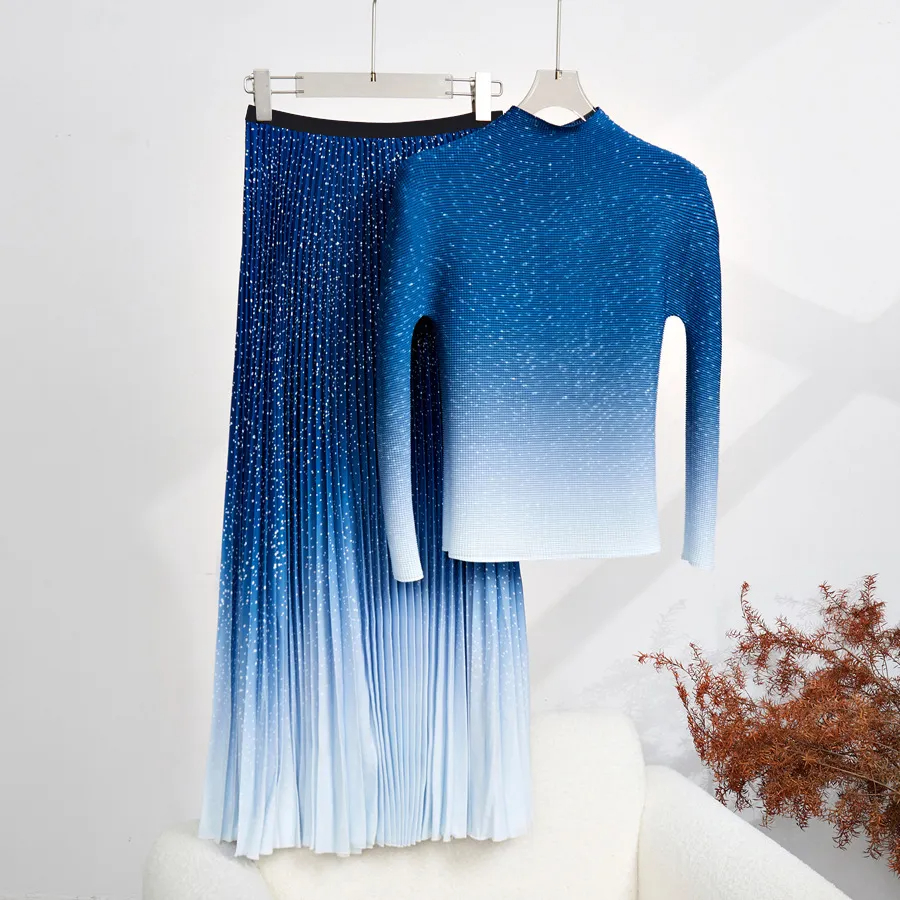 Two Piece Dress Autumn Runway Two Piece Skirt Suit Women Flower Print High Stretchy Pullovers Top Pleated Midi Skirts Casual Street Set Outfit 2024