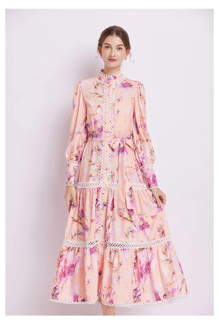 Basic Casual Dresses Fashion Runway Flower Print Shirt Dress Women Autumn Winter Lace Embroidery Hollow Out Lantern Sleeve Sashes Long