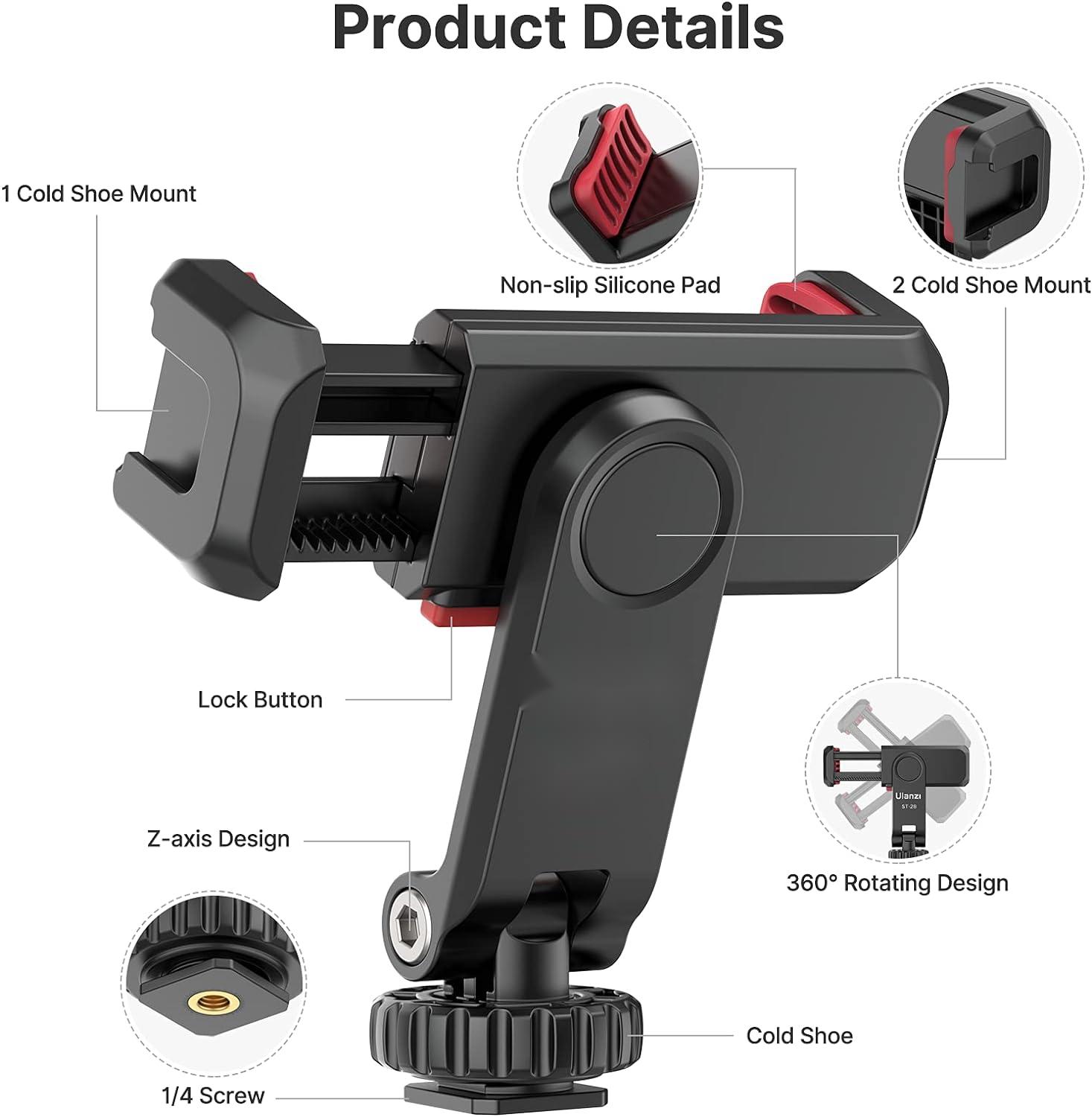 Camera Hot Shoe Phone Holder Clamp ST-06 Flexible Tripod Stand Mount Adapter 360 Rotates Adjustable Clip Selfie Stick Monopod Support for Micro Cell P