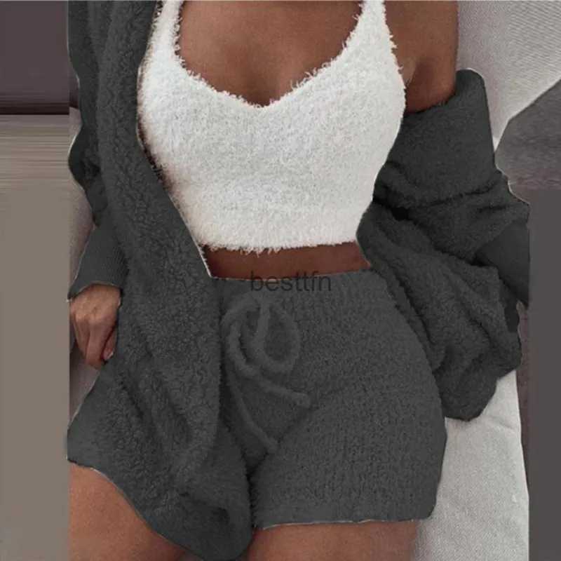 Women's Sleep Lounge Fluffy Pajamas Set for Women Casual Sleepwear Tank Top and Shorts Plus Size Hoodie Leisure Homsuit Winter Teddy 3 Pieces Pij