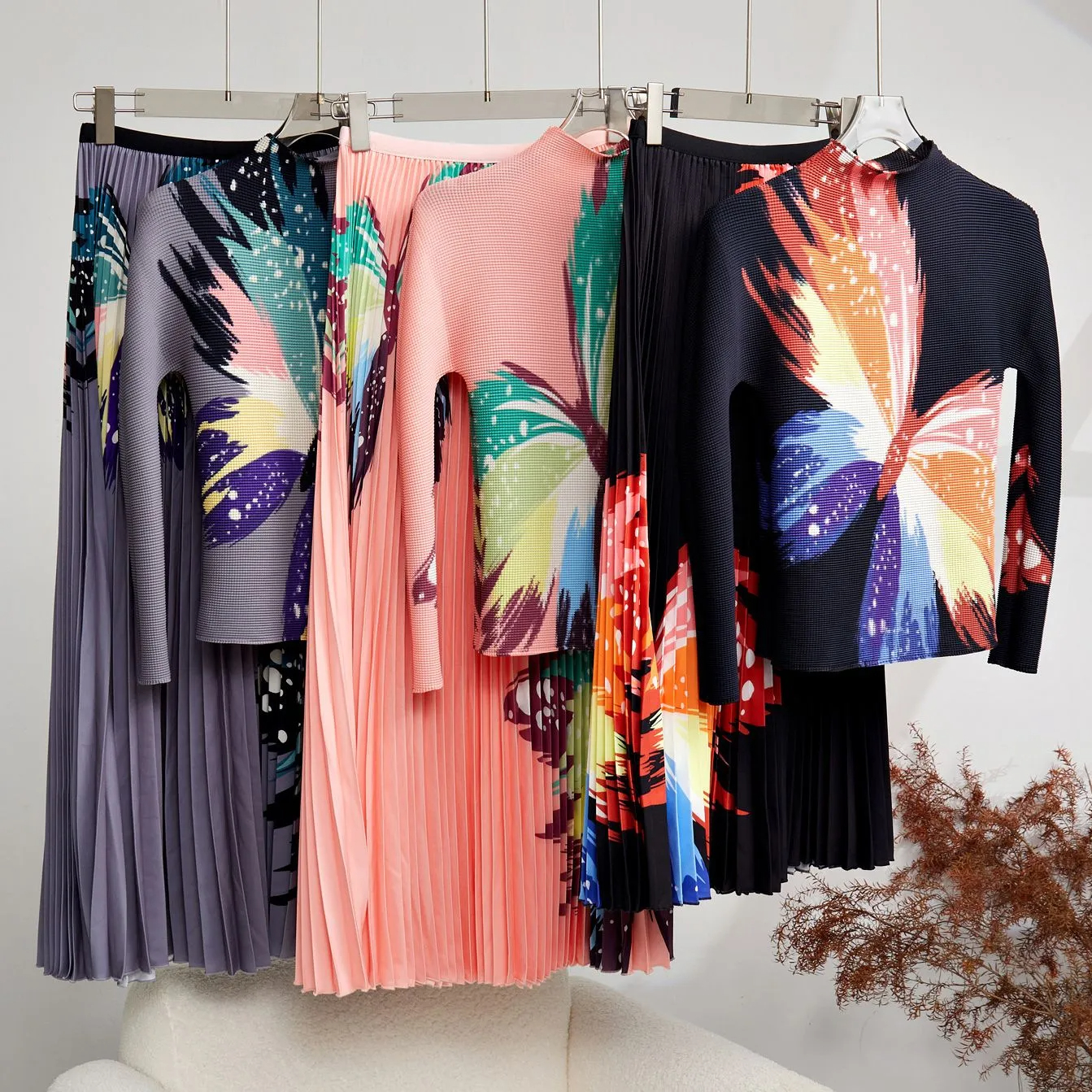 Two Piece Dress Runway Designer Printed 2 Pieces Skirt Set Women's Turtleneck Long Sleeves Slim Tops High Waist Skirts Suit Female Clothes 2024