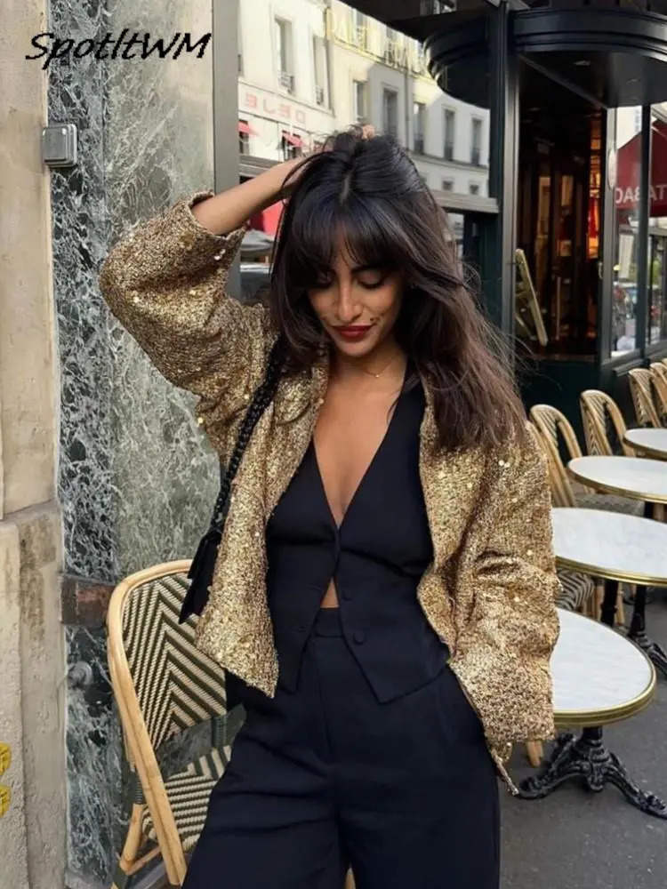 Sequin women shinny croped Jacket For Women Stand Collar Long Sleeve Coat Gold Color 2023 Autumn Chic Female Streetwear coats 231005
